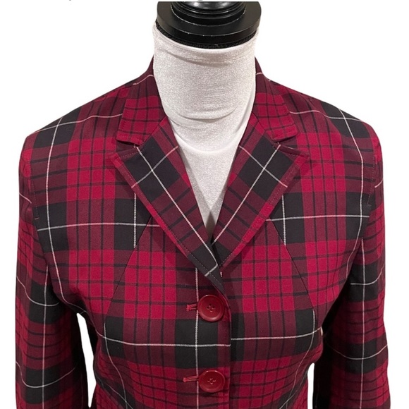 The Limited tartan plaid print button front red black blazer 3/4 sleeve size 6 - Picture 3 of 11